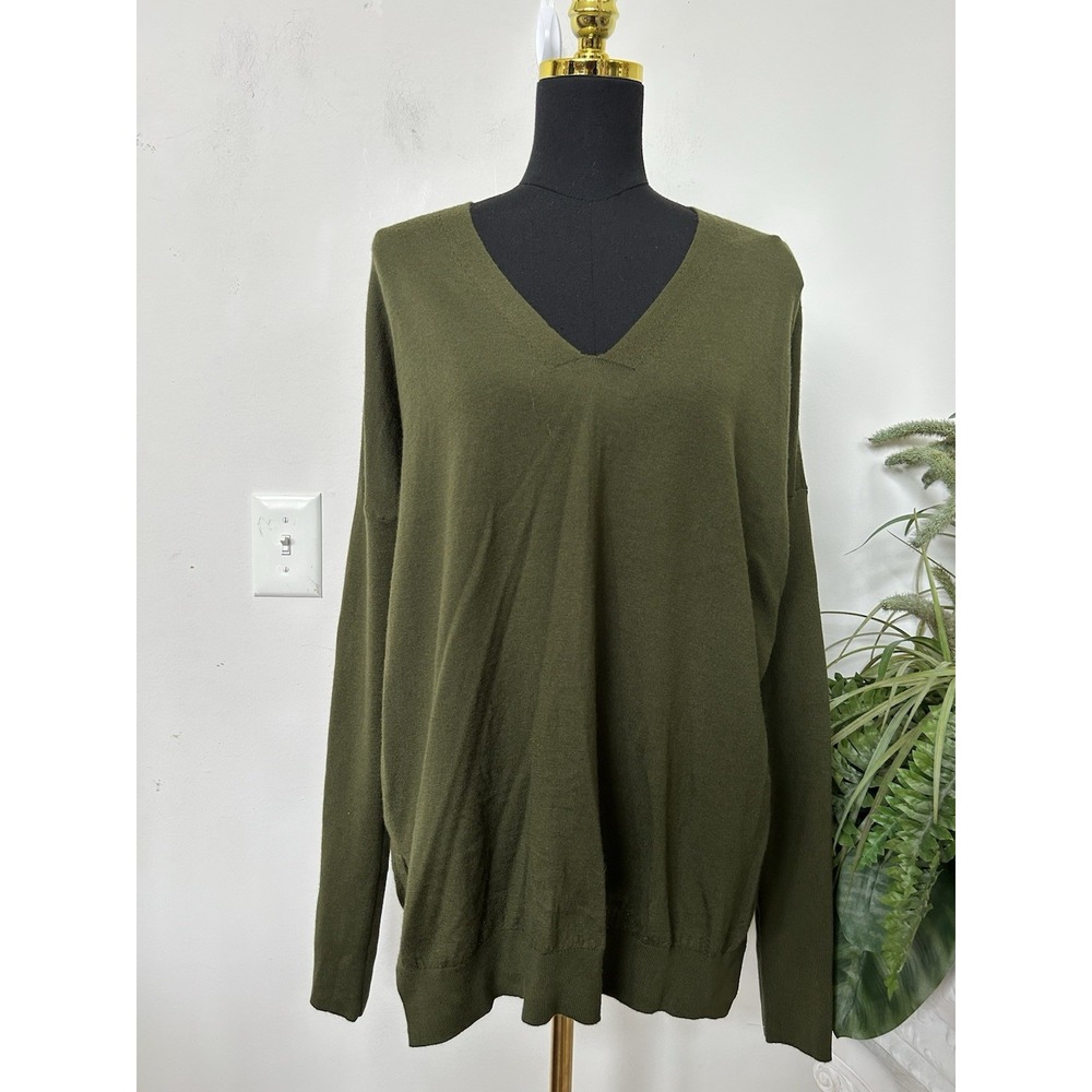 NWT Maeve Anthropologie Merino Wool V-Neck Sweater L Green Slouchy Casual Cozy - Picture 4 of 9